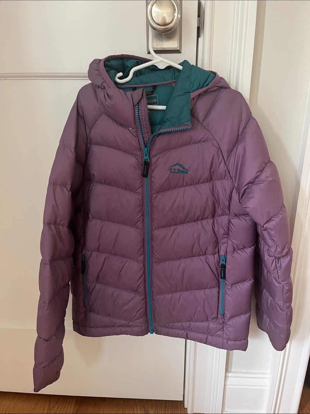 L.L. Bean Girls' Purple Hooded Puffer with Teal Trim
